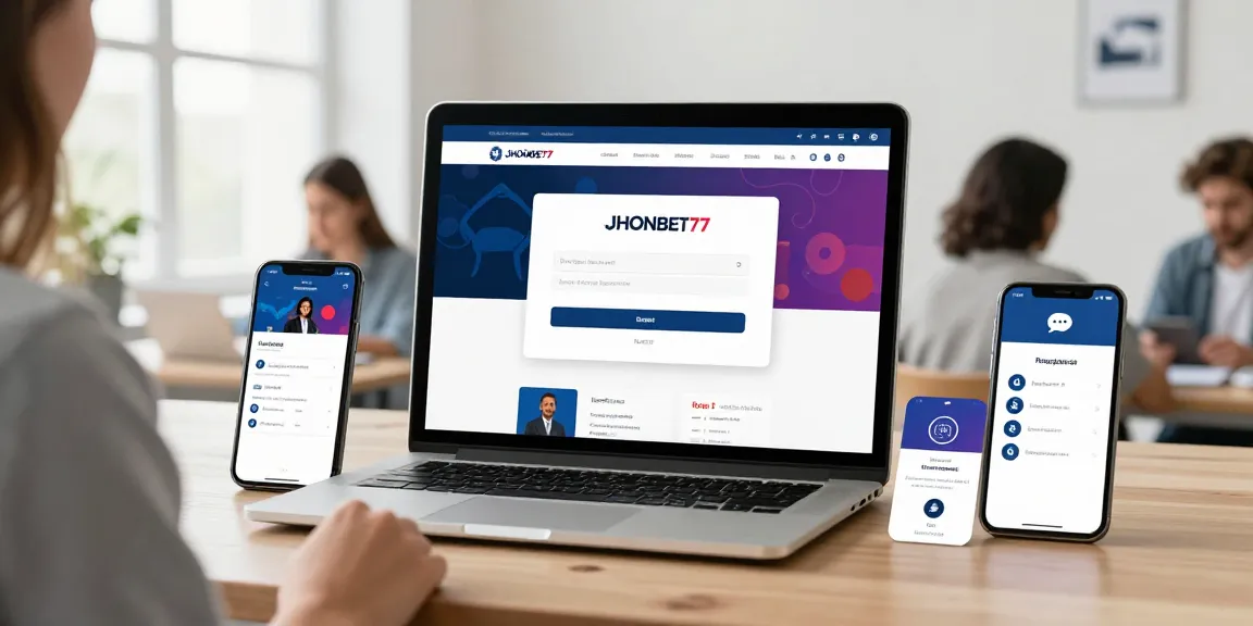 Akses pengguna ke geneia.com dengan halaman login dan pendaftaran JHONBET77 di perangkat modern.