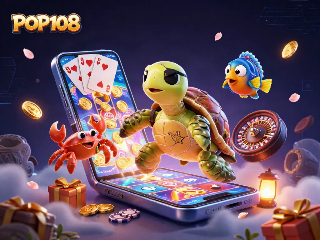 Experience thrilling gameplay with the POP108 pirate turtle and friends amidst vibrant casino elements.