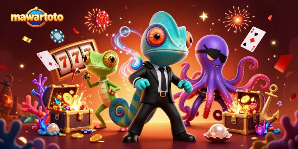 Engage with mawartoto gaming strategies while enjoying a vibrant 3D illustration of casino fun.