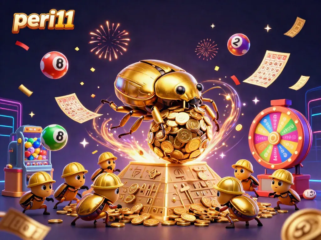 Experience the excitement of peri11 with a golden dung beetle and vibrant casino elements.