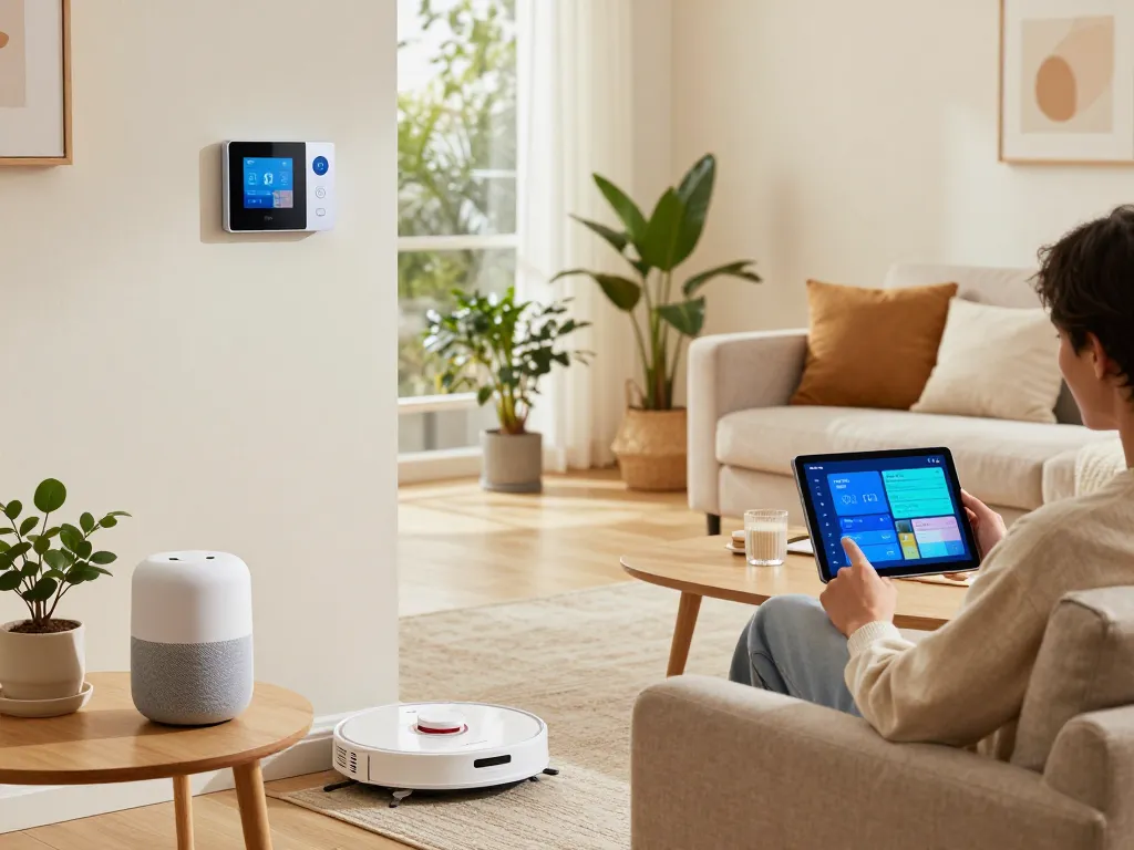 Cozy living room filled with tech gadgets for home, including a smart speaker and robotic vacuum.