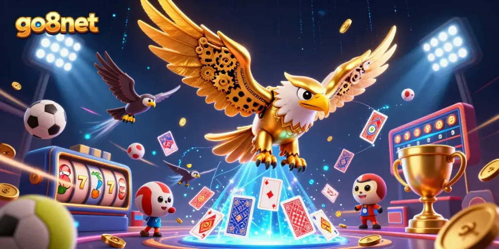 Experience the thrill of go8net with a vibrant 3D cybernetic eagle amidst dynamic gaming elements.