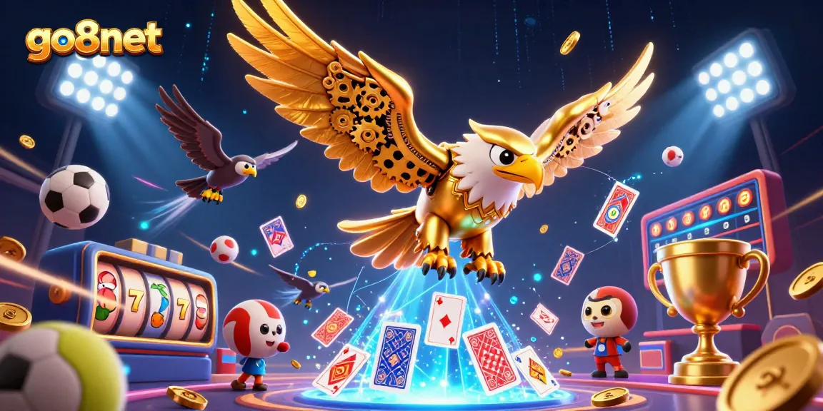 Experience the thrill of go8net with a vibrant 3D cybernetic eagle amidst dynamic gaming elements.