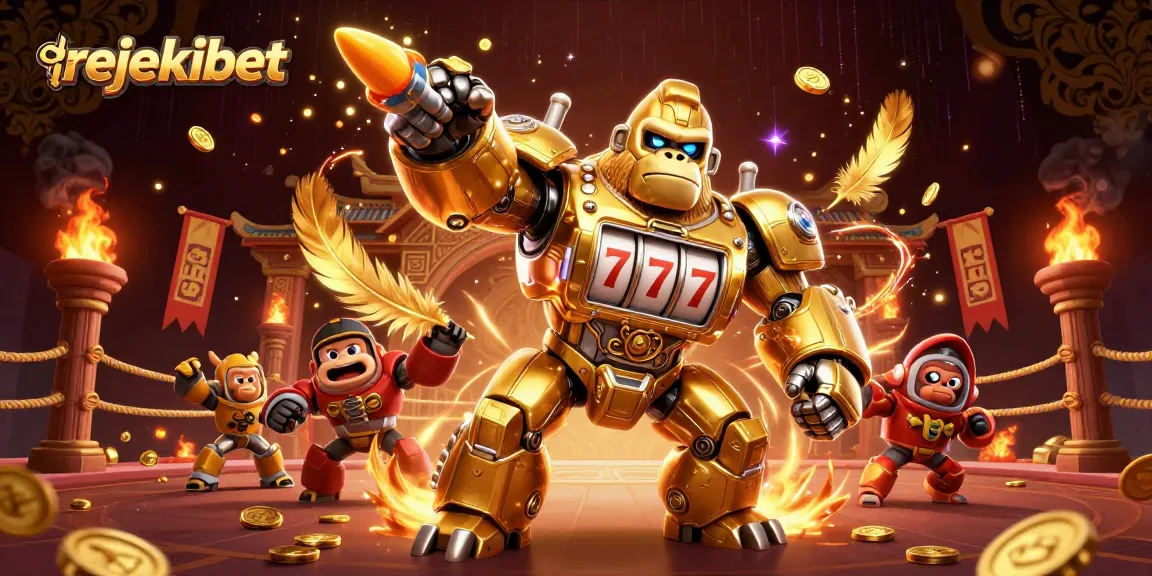 Experience rejekibet excitement with a golden gorilla mech unleashing wins in a dynamic casino scene.