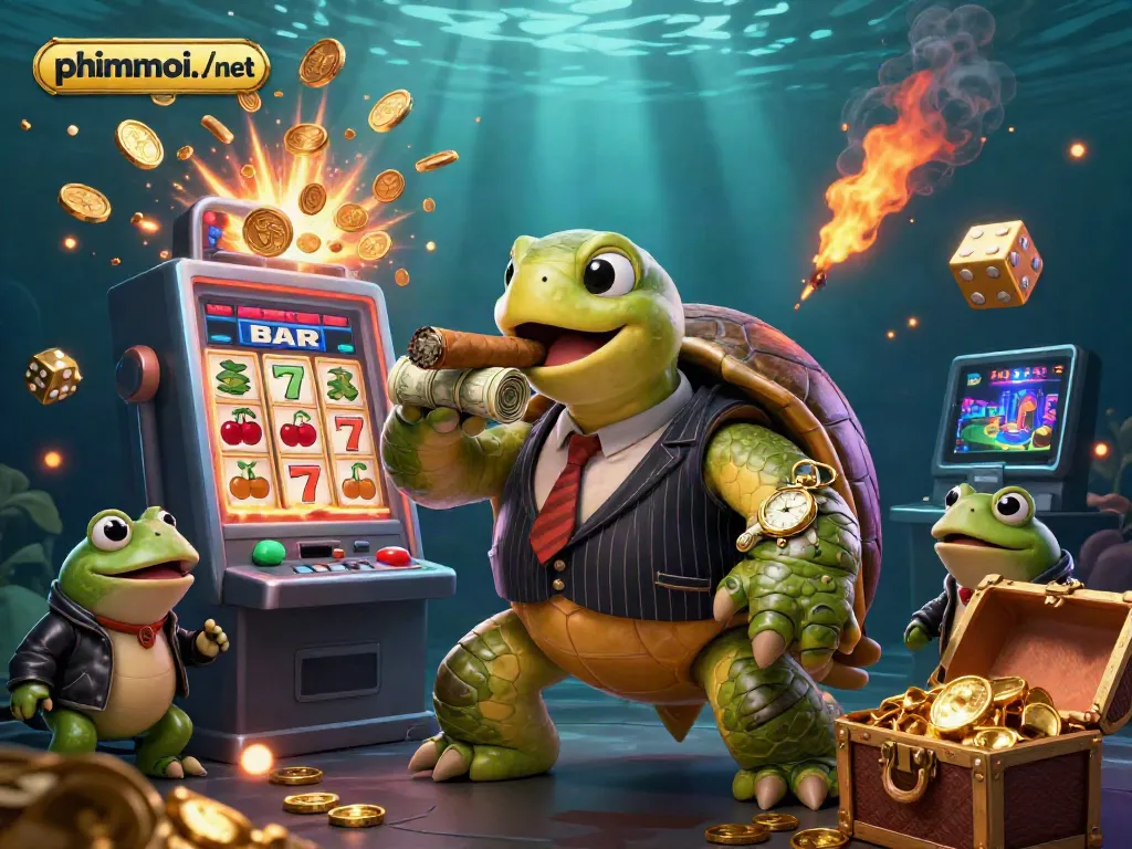 Engage in gaming with phimmoi./net, featuring a cartoon snapping turtle in a casino scene with jackpots and vibrant symbols.