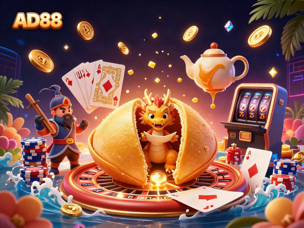 Experience the thrill of AD88 with a vibrant 3D casino scene featuring a golden fortune cookie and dynamic gaming elements.