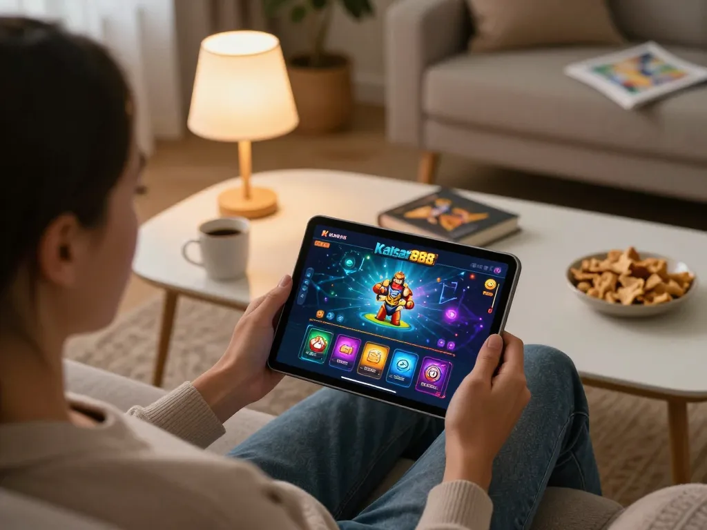 Engaging with kaisar 888 online gaming on a tablet in a cozy home setting.