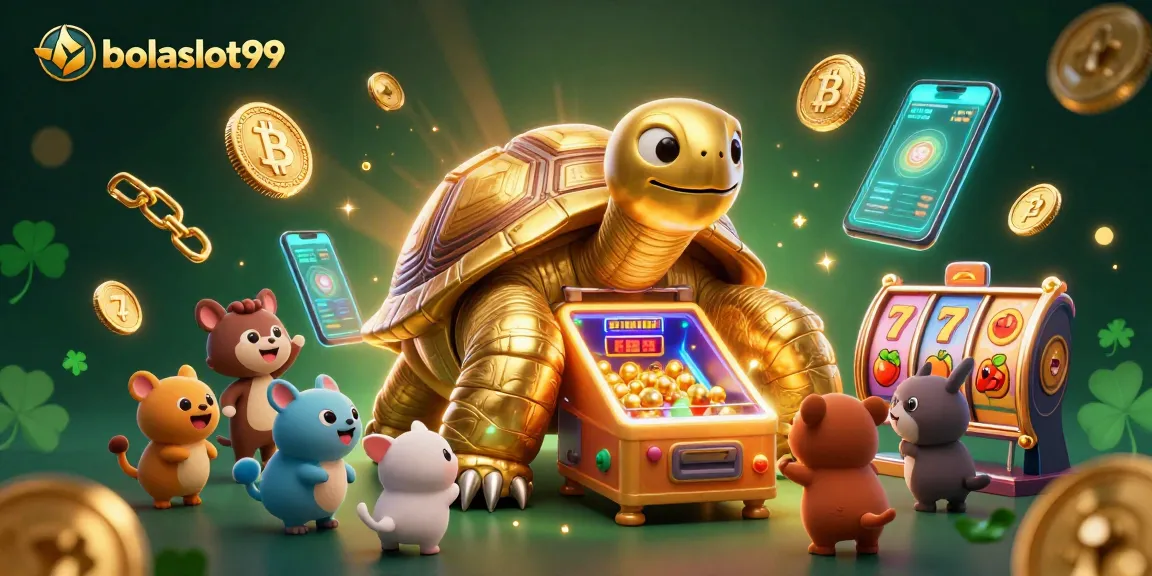 Engage with bolaslot99's thrilling 3D digital casino world, featuring animated golden tortoise and vibrant slot elements.