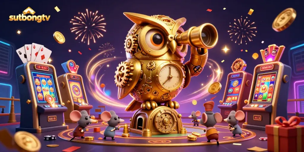Sutbongtv brings excitement to the casino floor with a golden owl, slot machines, and lively mouse patrons.