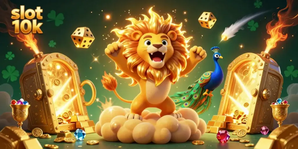 Memenangkan slot 10k sambil menikmati ilustrasi kasino yang cerah dan kaya dengan detail menarik.