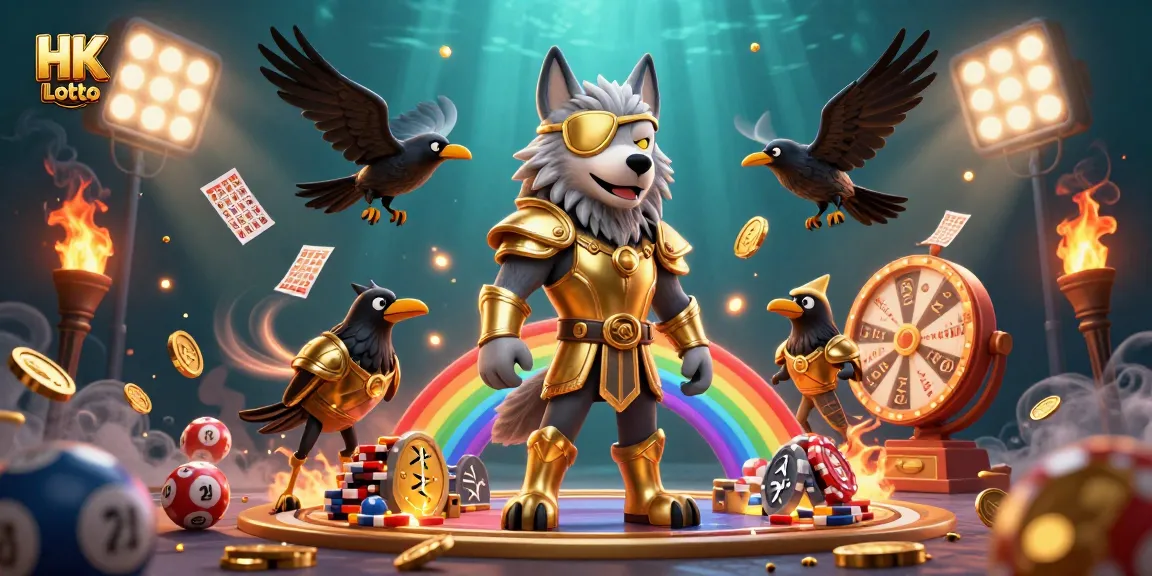 Engage with HK Lotto visuals featuring characters, bingo cards, and glowing elements in a dynamic scene.