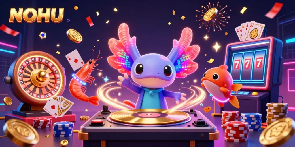 Experience the excitement of NOHU's vibrant casino scene with a neon axolotl DJ and dancing shrimp.