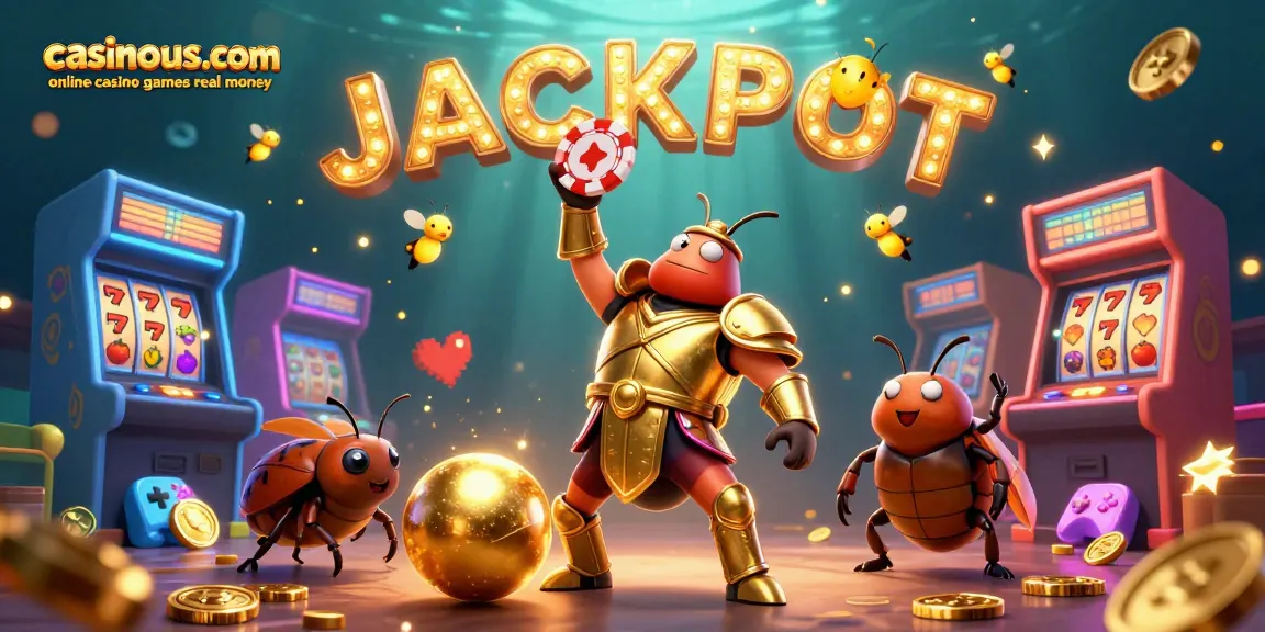 Win big with casinous.com online casino games real money featuring a heroic beetle in a vibrant casino scene.