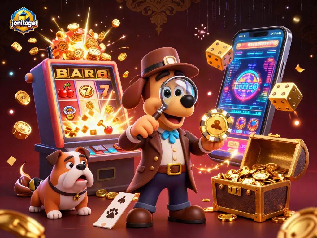 Play and win with jonitogel in a vibrant scene filled with casino excitement and treasure.