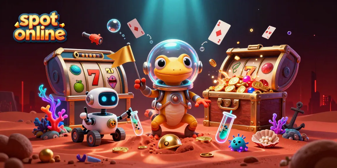 Permainan slot online dengan gecko Mars dan robot merayakan keberuntungan jackpot di kasino