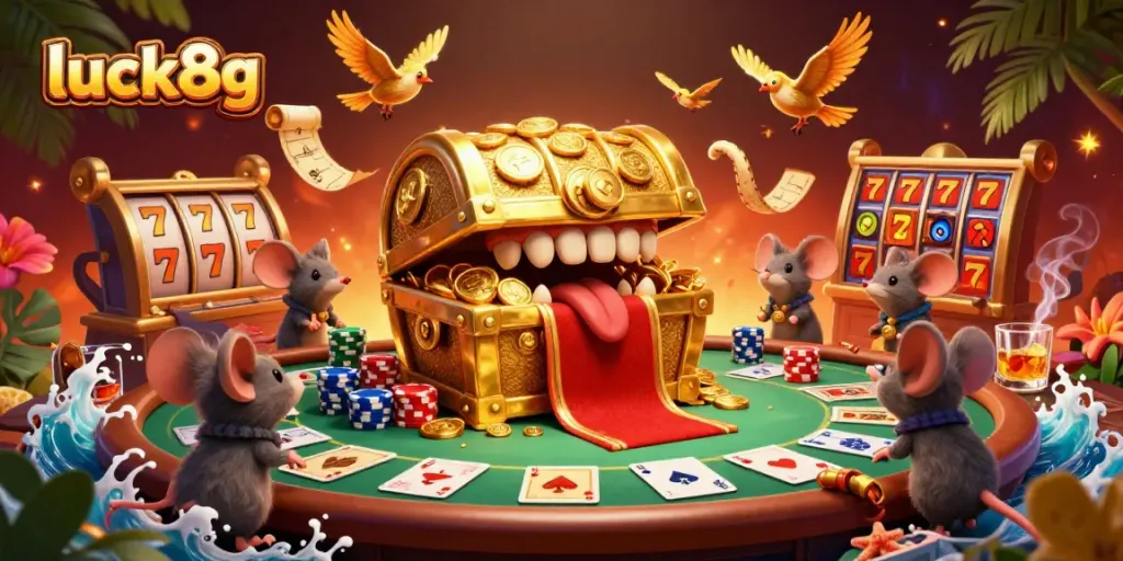 Engage in luck8g's thrilling jackpot adventure with vibrant casino elements and animated characters!