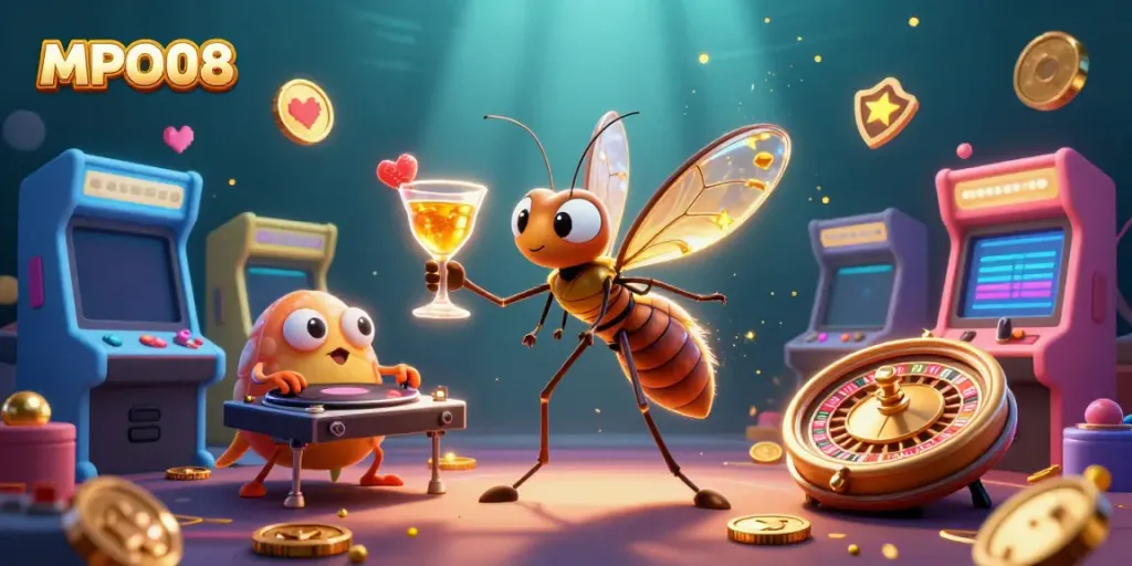 MPO08 offers a vibrant casino-themed experience featuring 3D characters and a golden roulette wheel.
