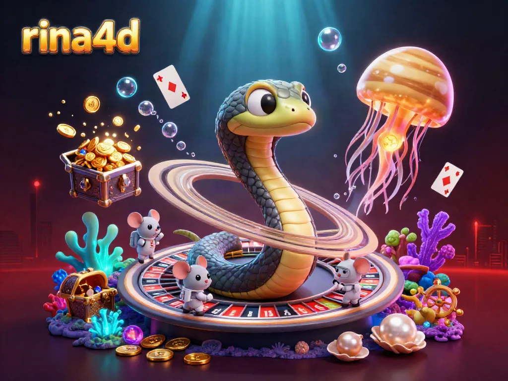Engage with rina4d's thrilling casino experience featuring a cosmic roulette wheel and vibrant underwater creatures.