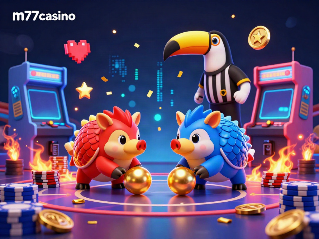 m77casino menyajikan ilustrasi 3D yang penuh warna dengan pangolin berarmor dan elemen judi yang menarik.