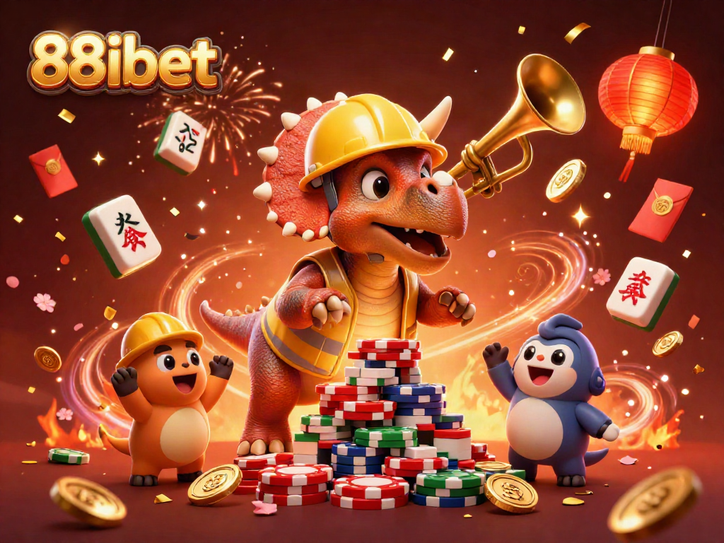 88ibet's vibrant casino-themed celebration with triceratops and festive elements, showcasing gaming excitement.