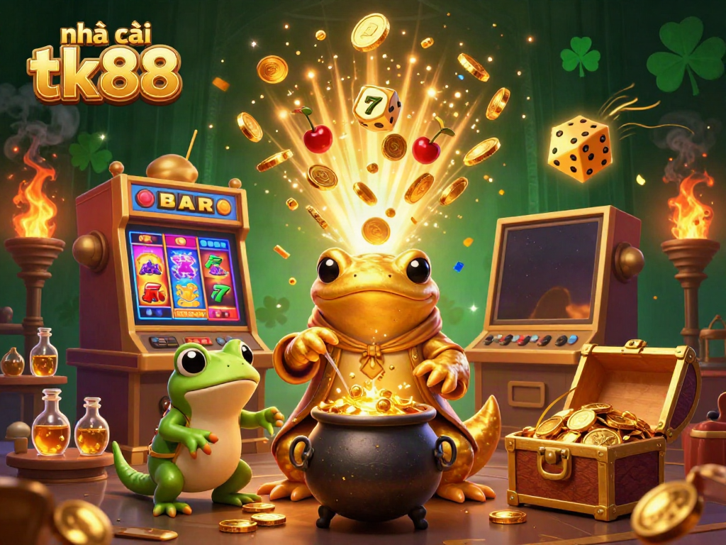 Experience the excitement of nhà cái tk88 with a vibrant casino-themed 3D illustration featuring gold, luck, and fun gaming elements.