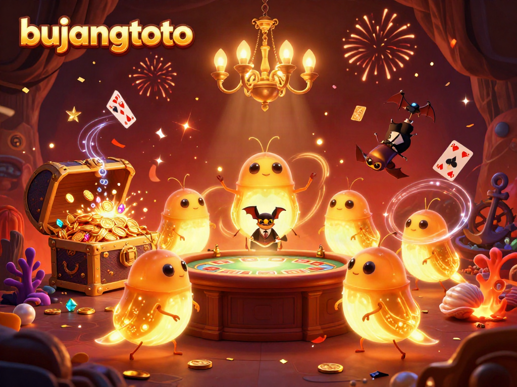 Experience the thrill of bujangtoto in an illuminated cave casino with vibrant glowworms, a bat dealer, and rich game elements.