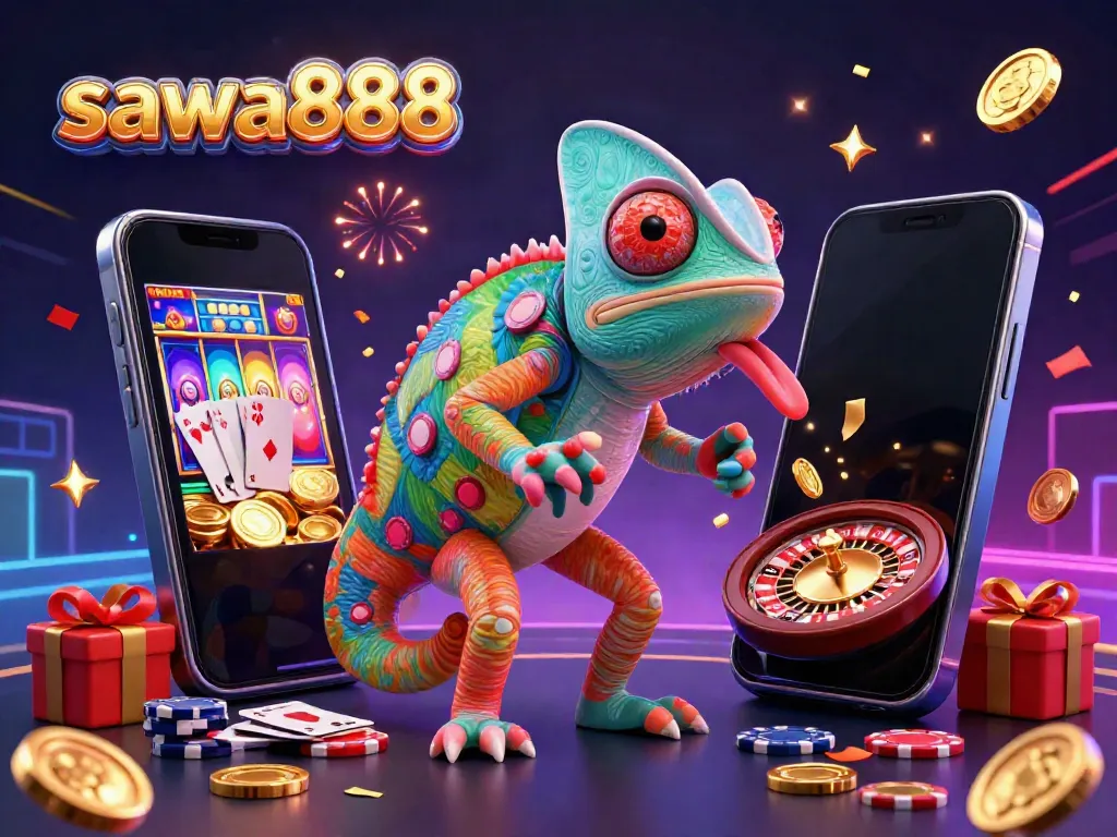 Engage in thrilling gameplay with sawa888, featuring a colorful casino scene with vibrant characters and electrifying game elements.