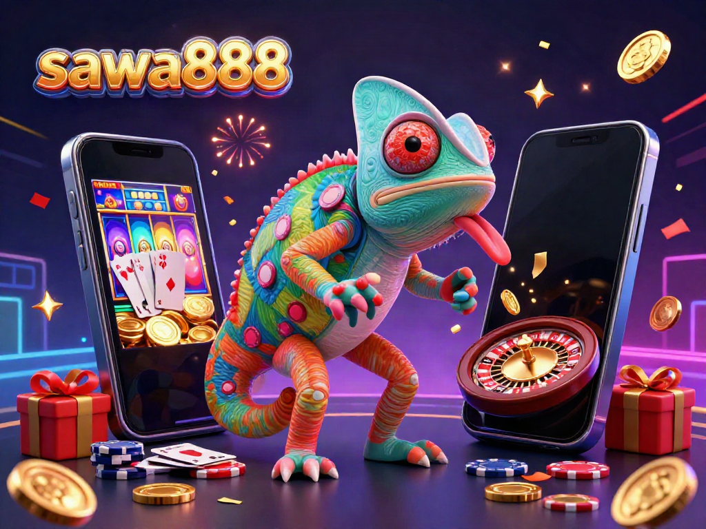 Engage in thrilling gameplay with sawa888, featuring a colorful casino scene with vibrant characters and electrifying game elements.