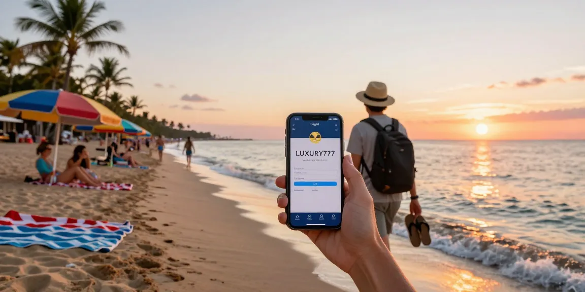 Proses Login LUXURY777 di tepi pantai saat matahari terbenam, suasana santai dan ceria.