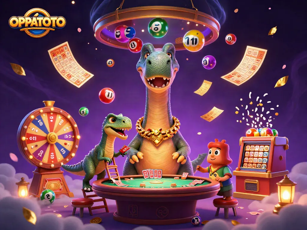 Engage in OPPATOTO's vibrant lottery scene with a unique dinosaur dealer and colorful elements.
