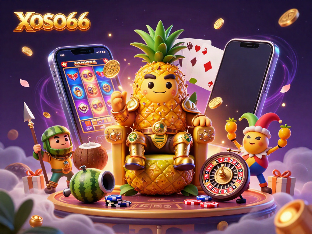 Experience XOSO66's vibrant casino scene with a golden pineapple king and tropical elements.