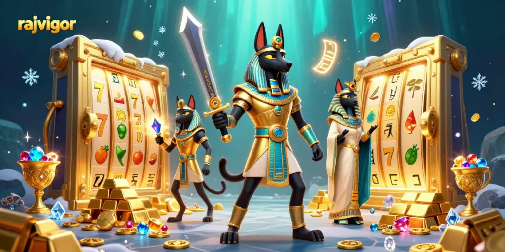 Experience the thrill of rajavigor with Anubis and Bastet above glowing slot reels and treasures.