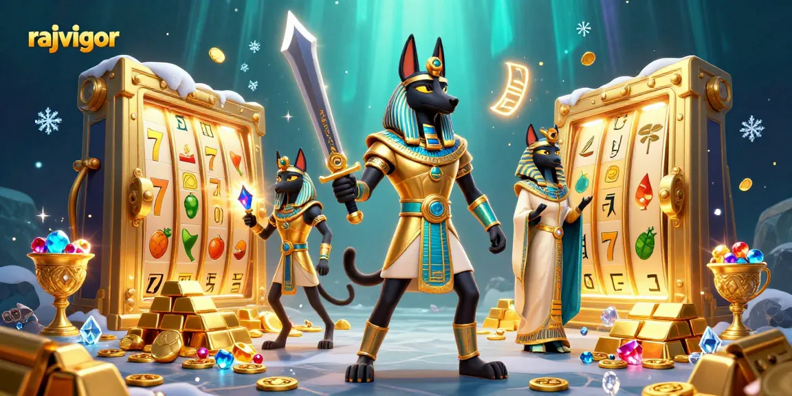 Experience the thrill of rajavigor with Anubis and Bastet above glowing slot reels and treasures.