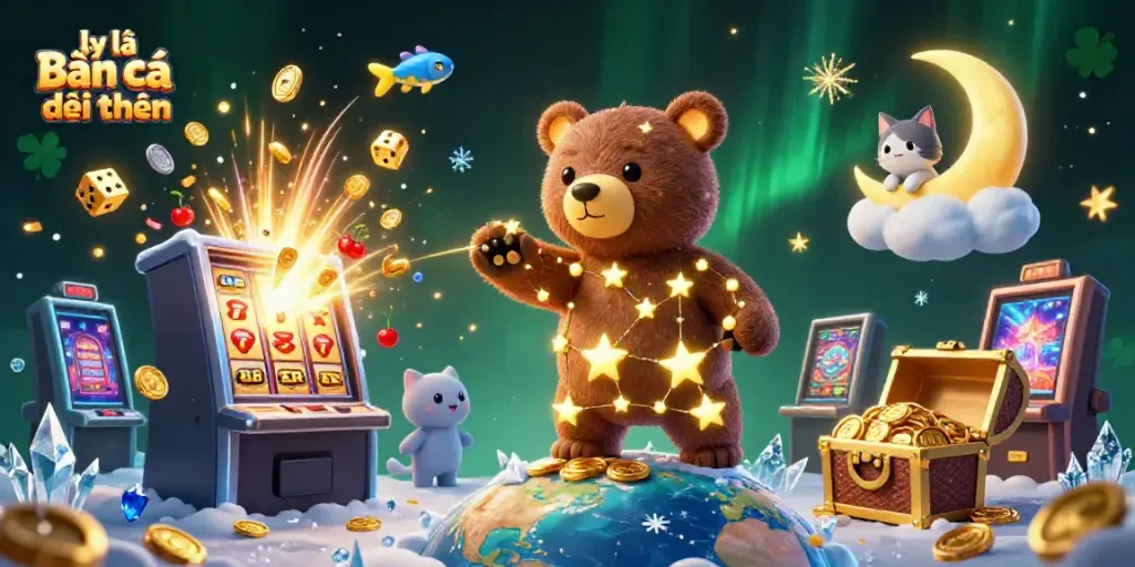 Engage with lại là Bắn cá đổi thưởng illustrated scene of a constellation bear surrounded by vibrant casino elements.