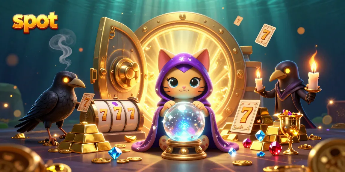 Spin the slot reels with fortune teller cat and tarot raven in a vibrant casino scene.