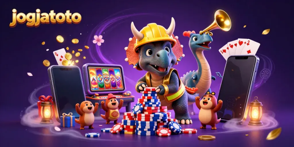 Experience exciting gameplay at jogjatoto with cartoon characters celebrating a big win surrounded by vibrant casino elements.