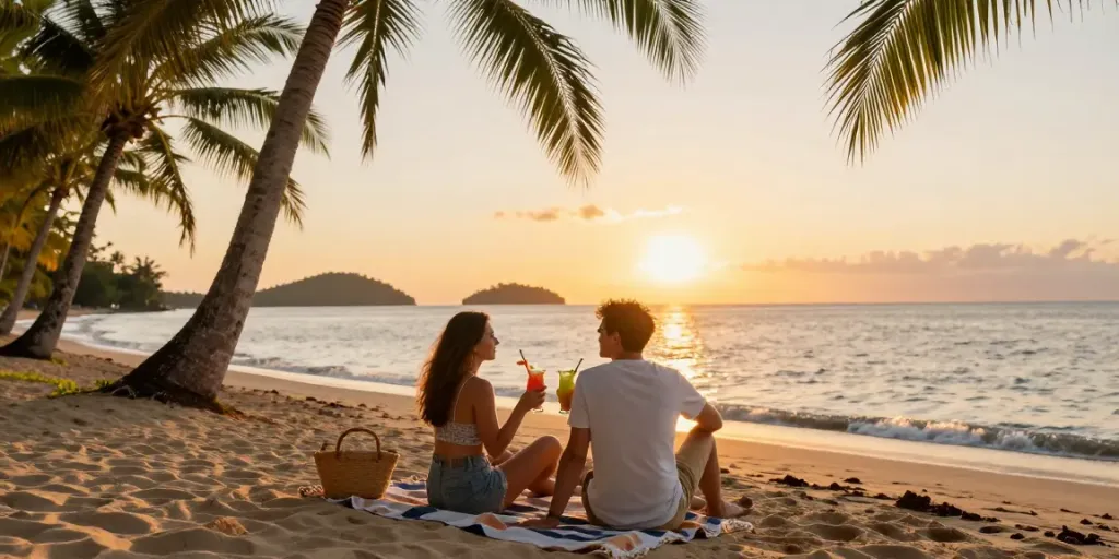 Seributoto pasangan menikmati sunset di pantai tropis, suasana romantis.