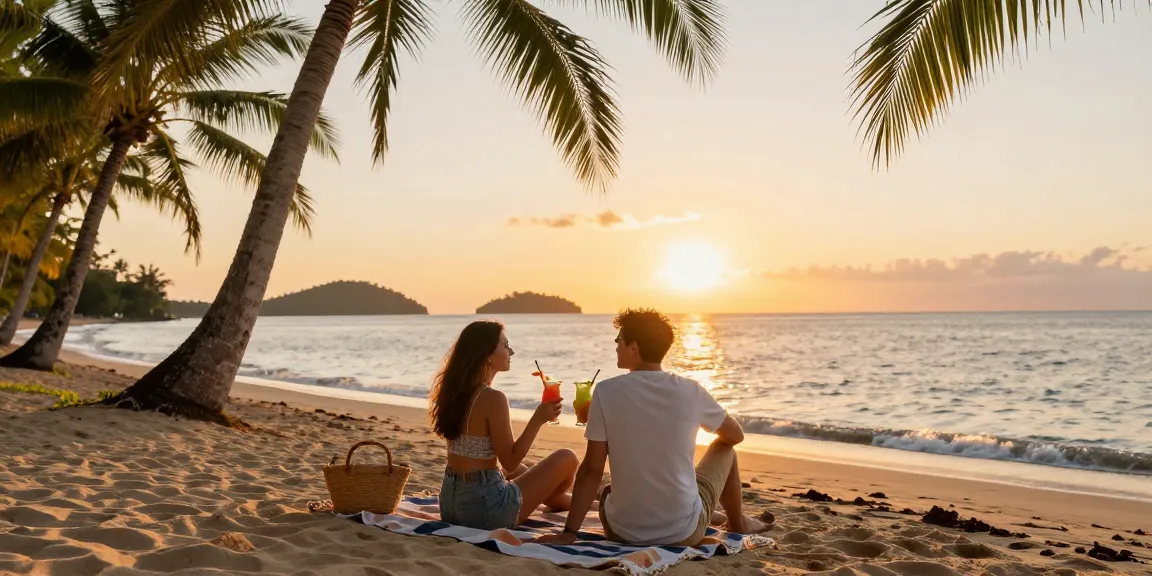 Seributoto pasangan menikmati sunset di pantai tropis, suasana romantis.