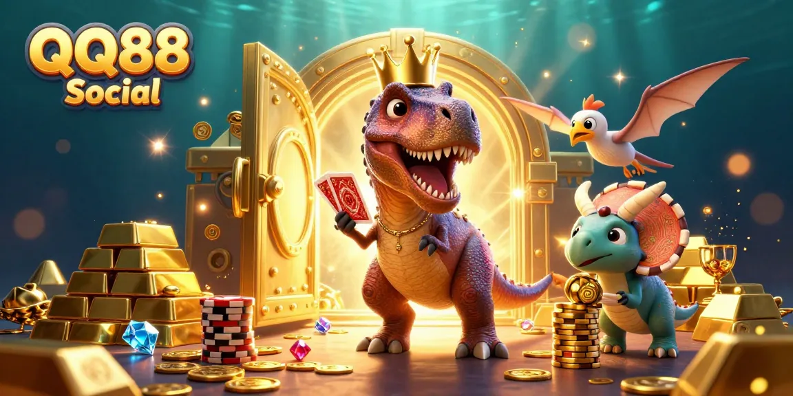 Engage with QQ88 Social's enchanting casino scene featuring animated dinosaurs and sparkling treasures.