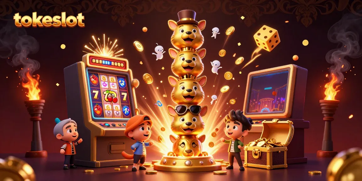 Experience tokeslot's exciting gameplay in a dynamic 3D illustration filled with vibrant casino elements.
