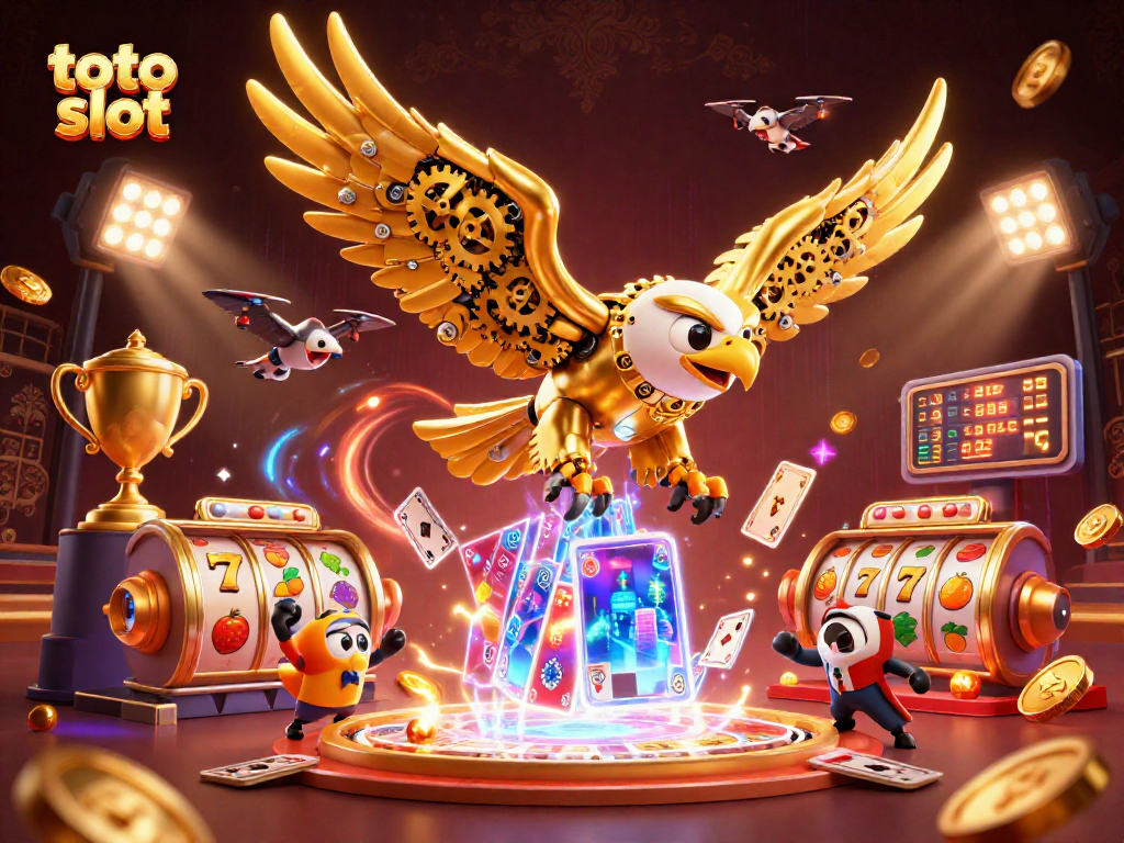 Menangkan permainan toto slot dengan slot gulungan berkilau dan simbol keberuntungan di latar belakang.