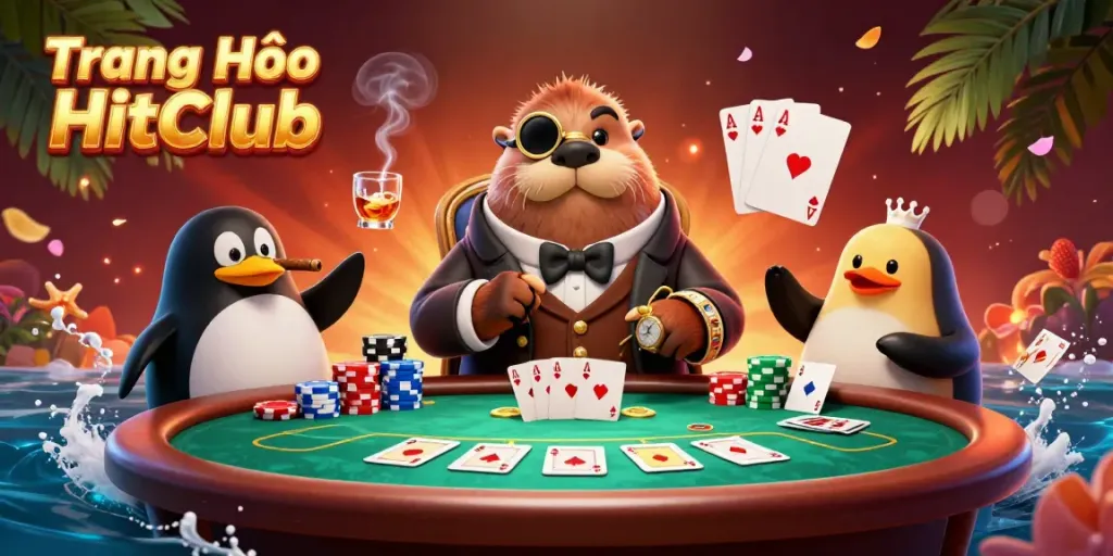 Experience high-stakes poker action with Trang Chủ HitClub's vibrant underwater scene featuring unique characters and game elements.