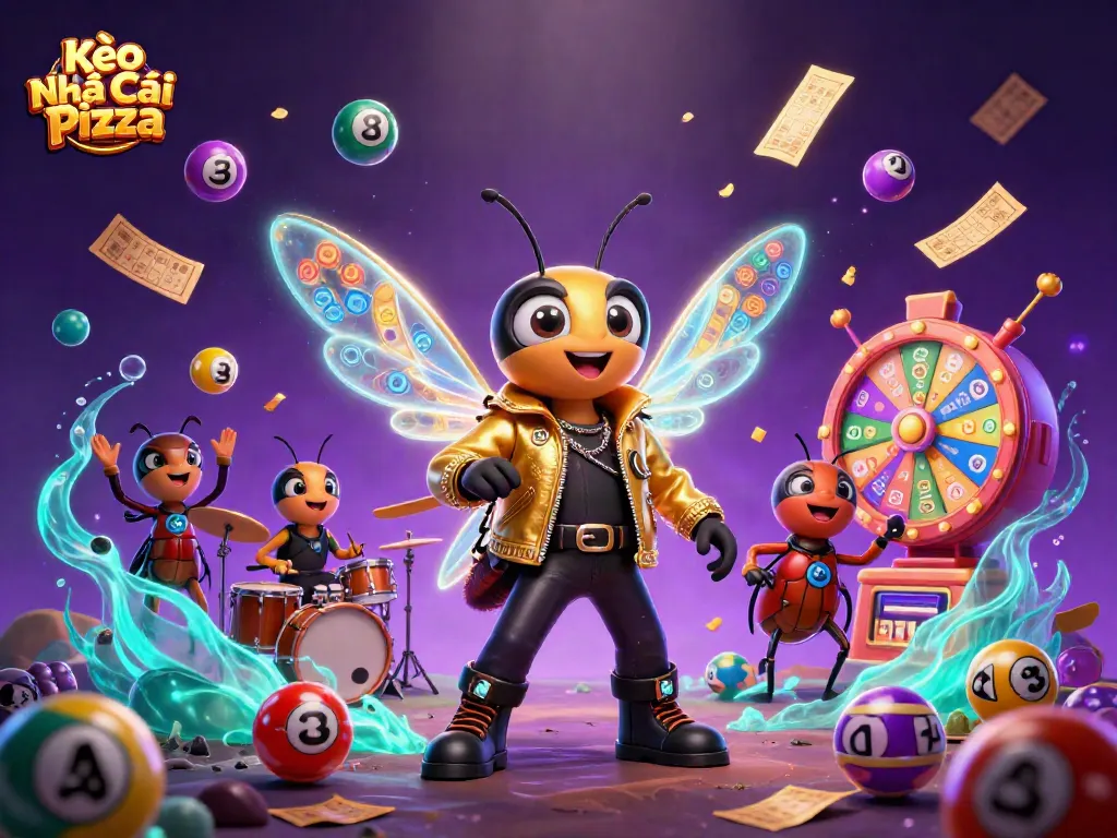 Kèo Nhà Cái Pizza featuring colorful lottery elements and vibrant animated characters in a dynamic gambling scene.