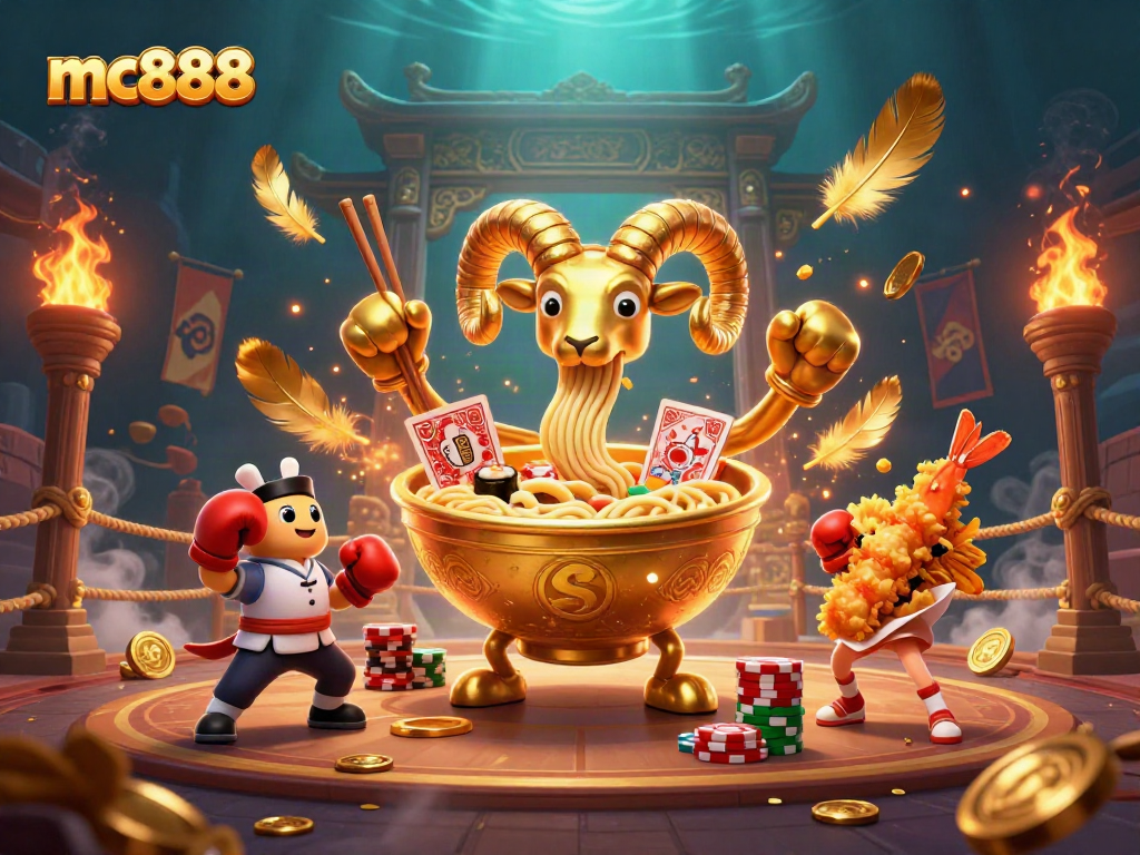 Permainan slot gacor di MC888 dengan ilustrasi karakter seperti mangkuk ramen emas yang unik dan dealer sushi.