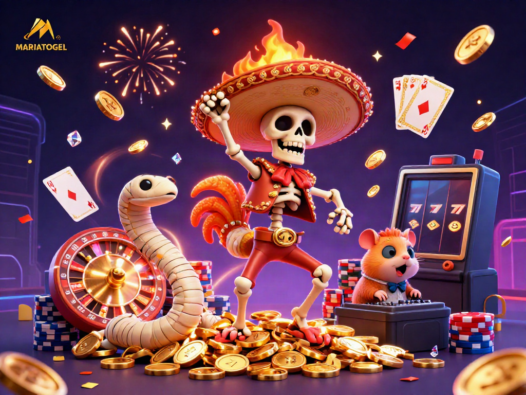 MARIATOGEL offers a lively scene with a mariachi rooster winning big amidst cascading coins and colorful game elements.