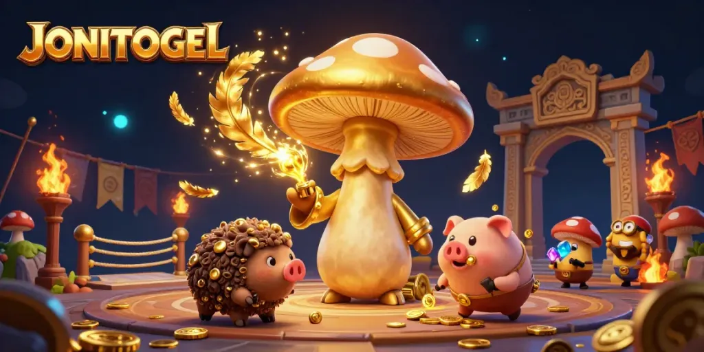 Experience magical gold-creating action with JONITOGEL's whimsical wizard scene featuring characters and dynamic casino elements.