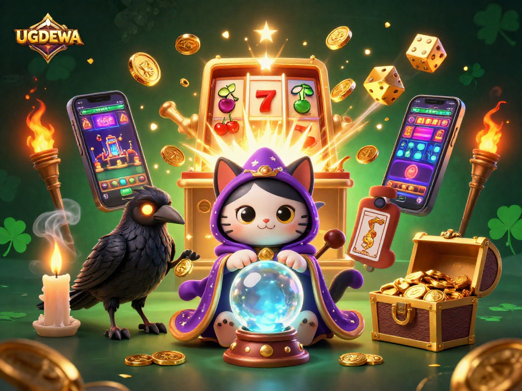 Engaging UGDEWA slots scene showcasing mystic cat, tarot raven, and jackpot elements.