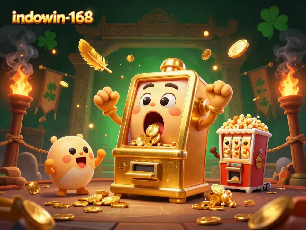 Mesin slot emas indowin-168 meraih jackpot sambil dikelilingi simbol permainan dan koin emas