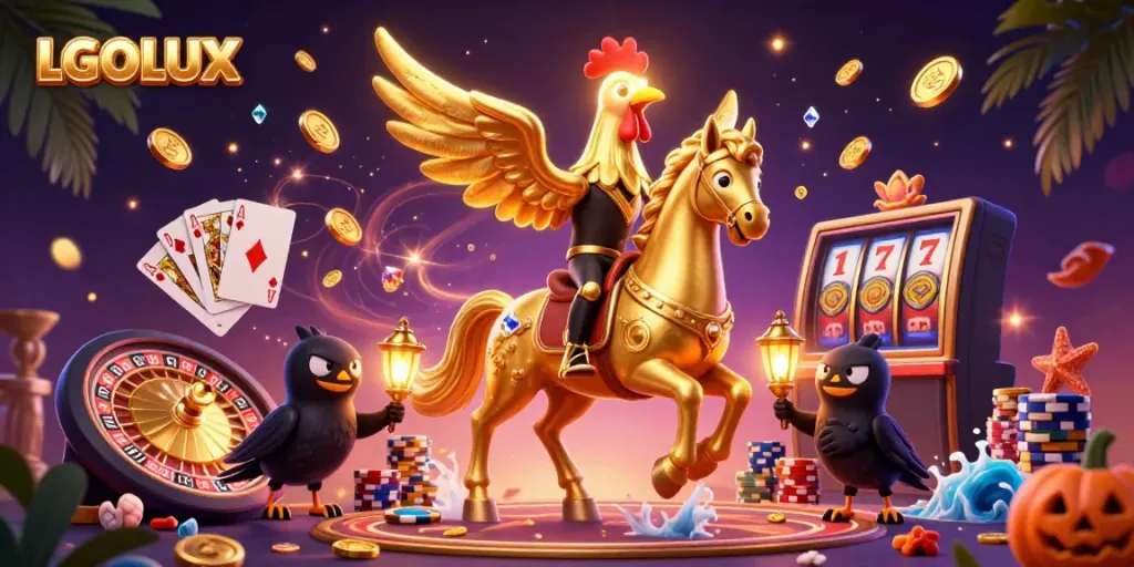 Experience the thrilling action of LGOLUX with golden rooster, casino elements, and winning vibes.