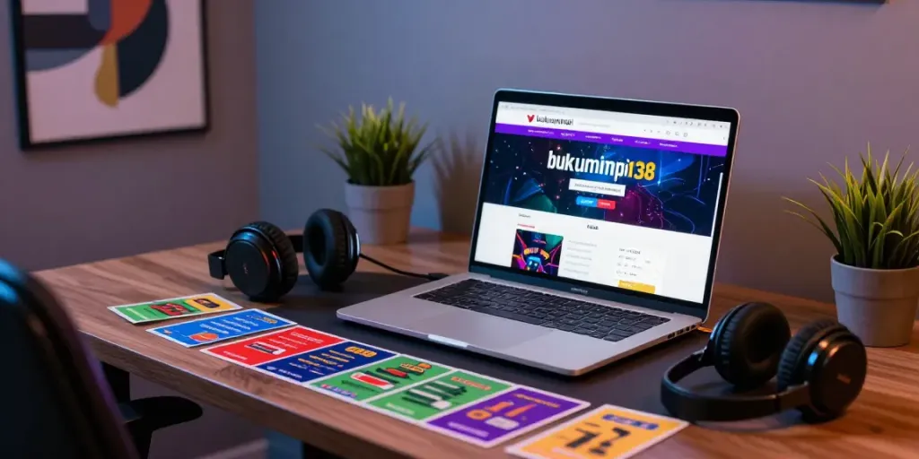 Gambaran perjudian online bukumimpi138 dengan laptop, slip taruhan, dan suasana modern.